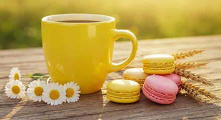 Yellow cup of coffee with macarons and flowers on wooden table  