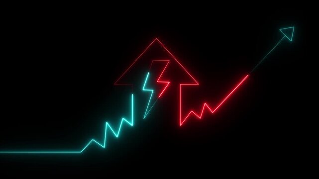 Neon home icon with up arrow lightning bolt sign animation on black background. Business up indicator icon motion. Glowing home business graph icon 4k video footage. 