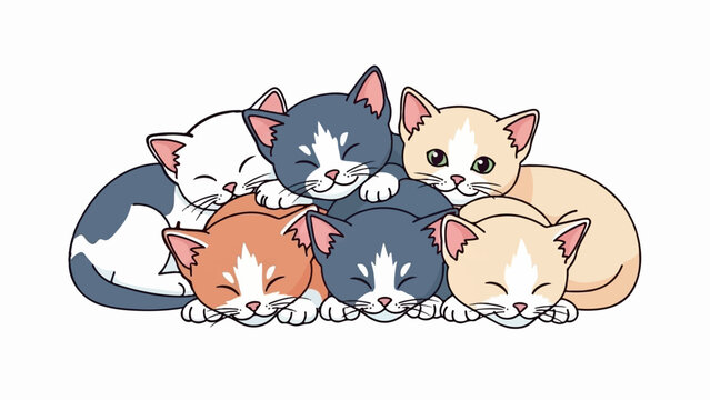 A heap of adorable, different colored kittens are sleeping together