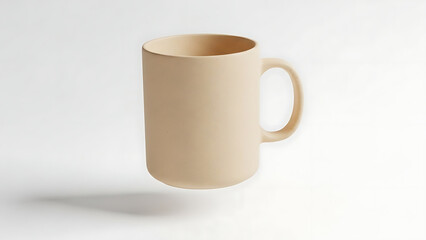 A single empty white ceramic coffee cup with a handle is isolated on a white background for a hot breakfast beverage in a cafe morning
