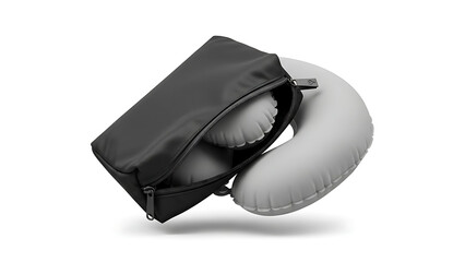 A closeup of an isolated black plastic and leather bag accessory used as a fashion pouch or camera equipment case