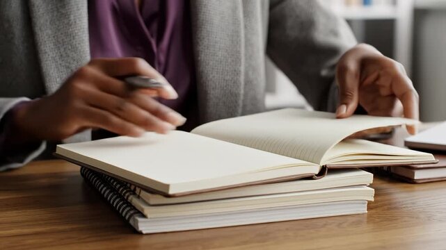 Person writing in notebook on desk