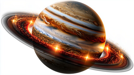 La plan&egrave;te Jupiter, aux nuances de beige et d'orange cuivr&eacute;, par&eacute;e de ses fins anneaux de poussi&egrave;re et entour&eacute;e d'&eacute;toiles scintillantes