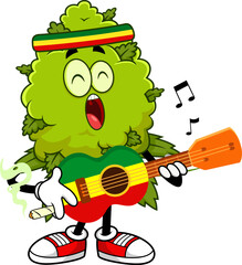 Reggae Marijuana Bud Cartoon Character Playing Guitar - Vector Hand Drawn Illustration Isolated On Transparent Background
