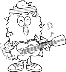 Musical Marijuana Bud Cartoon Character With Guitar &ndash; Black and White Vector Hand Drawn Illustration Isolated On Transparent Background