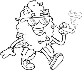 Relaxed Marijuana Bud Cartoon Character With Joint &ndash; Black and White Vector Hand Drawn Illustration Isolated On Transparent Background
