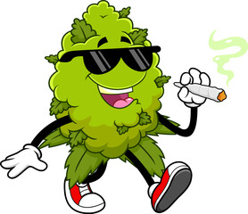 Chill Marijuana Bud Cartoon Character Walking And Smoking Joint - Vector Hand Drawn Illustration Isolated On Transparent Background