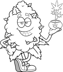 Smiling Marijuana Bud Cartoon Character With Cannabis Pot &ndash; Black and White Vector Hand Drawn Illustration Isolated On Transparent Background