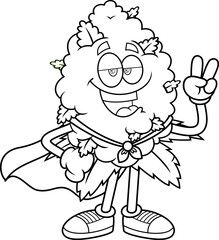 Super Chill Marijuana Bud Cartoon Character With Cape &ndash; Black and White Vector Hand Drawn Illustration Isolated On Transparent Background