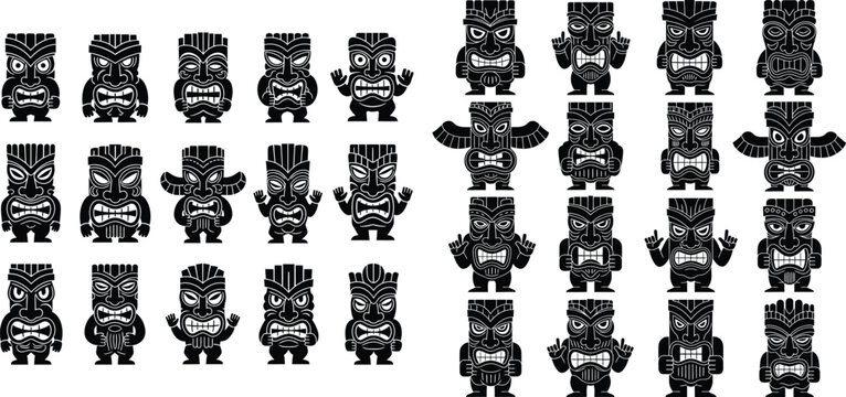 Multiple stylized Tiki mask illustrations showcasing ancient cultural symbols and expressive faces