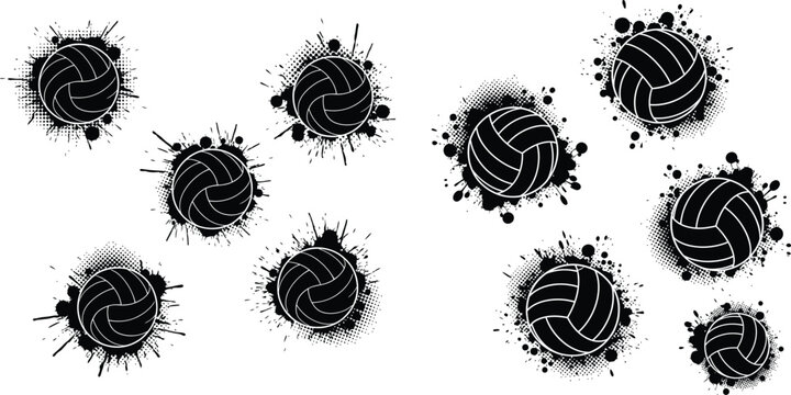 Multiple volleyball silhouettes featuring grunge splatter effects, ideal for sports event graphics