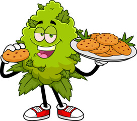 Funny Marijuana Bud Cartoon Character Holding Edible Cookies - Vector Hand Drawn Illustration Isolated On Transparent Background