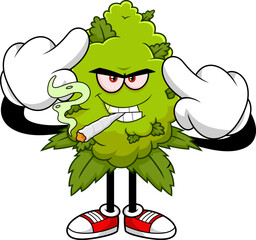 Angry Marijuana Bud Cartoon Character With a Joint Showing Middle Finger - Vector Hand Drawn Illustration Isolated On Transparent Background