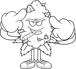 Angry Marijuana Bud Cartoon Character With a Joint Showing Middle Finger Black and White &ndash; Vector Hand Drawn Illustration Isolated On Transparent Background