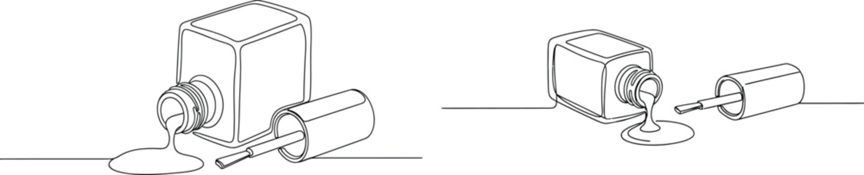 Open nail polish bottle with spilled lacquer and brush depicted in two line art styles