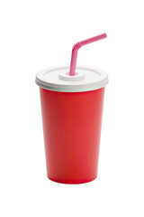 Red disposable cup with white lid and pink straw, isolated on a transparent background