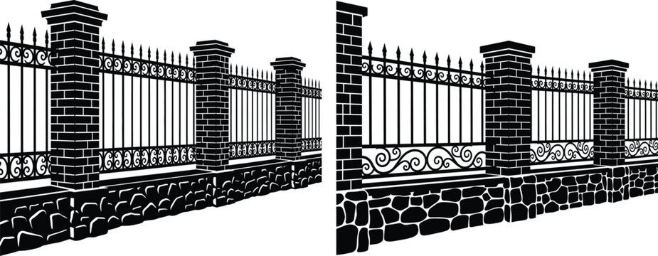 Ornate wrought iron fence sections with brick pillars and stone foundation in perspective view