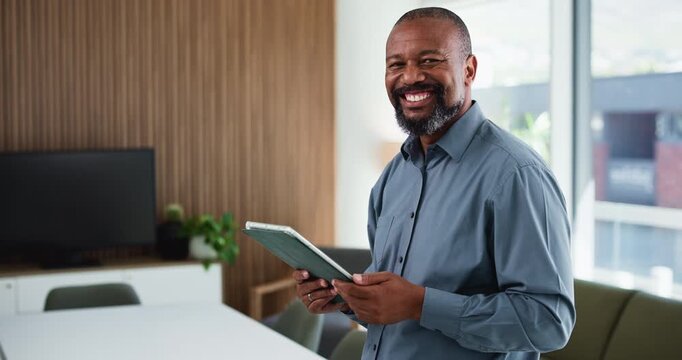 Mature man, face and tablet at office with smile, pride or confident for career at media company. African person, editor or journalist in portrait, happy or press writer at creative agency in Nigeria