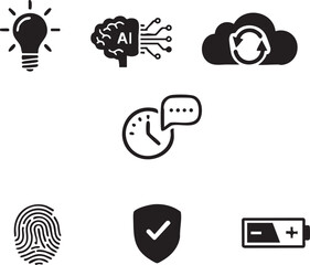 Technology and innovation icon set including lightbulb brain cloud shield and battery Silhouettes isolated on white background silhouette