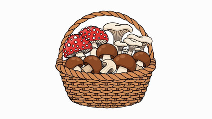 Fototapeta premium A woven basket overflows with an assortment of wild mushrooms in various colors and shapes