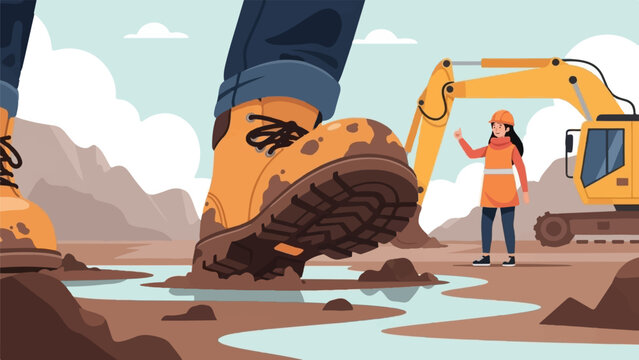 A worker in a safety vest gives a thumbs up near a muddy construction site with heavy machinery