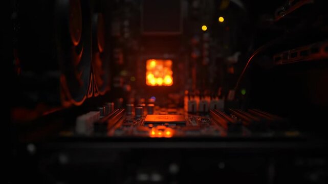 Close-up view of a computer motherboard with glowing orange light from the CPU socket, highlighting intricate electronic components in a dark setting.