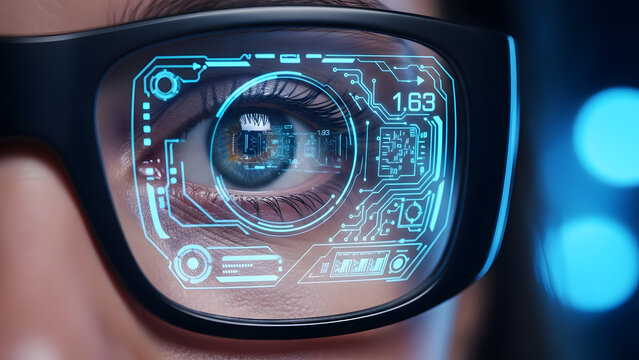 Close-up of eye with augmented reality glasses display | Futuristic HUD user interface overlaid on vision | Digital data processing and biometric recognition technology | Virtual reality eyewear - Powered by Adobe