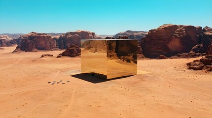 Golden Reflective Cube in Desert Landscape &ndash; Architectural Installation and Environmental Contrast Photography