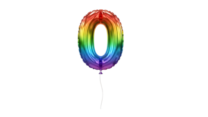 Vibrant rainbow number zero balloon floating freely in the air with a white background, adding a pop of color and joy to the scene