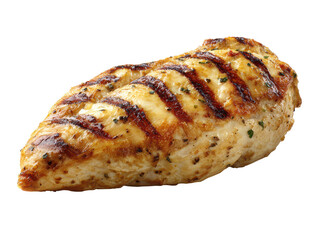 Grilled chicken breast with pronounced char marks, juicy cooked texture, lightly seasoned surface, and appetizing golden edges isolated on transparent background.

