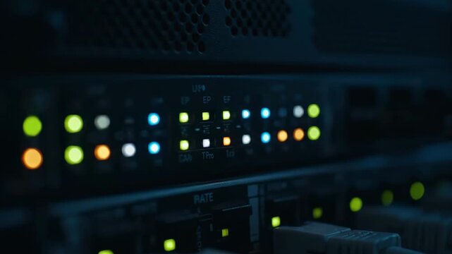 Close-up view of a network switch or server rack with multiple glowing LED indicator lights and connected cables in a dark environment.
