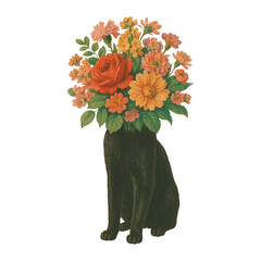 Fototapeta premium PNG Floral-headed cat art piece.