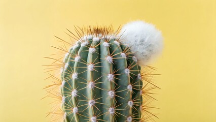 Close up of a green cactus with a soft white fluffy flower bloom
