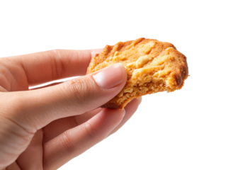 Hand holding a cookie biscuit piece between fingers with crumbly edges, baked surface texture, and casual snack moment isolated on transparent background.
