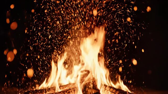 Burning wood fire with flames