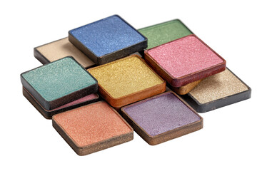 Fototapeta premium Set of small square makeup pans in various colors with smooth pressed powder surfaces, clean palette tile edges, and cosmetic kit organization isolated on transparent background. 