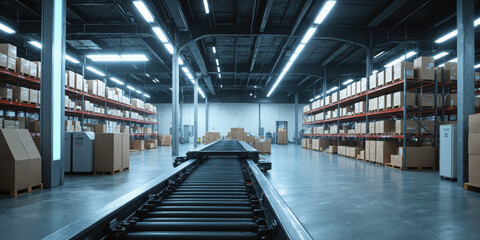 Automated Warehouse A fully automated warehouse with rows of conveyor belts and robotic sorting systems. The concrete floor is spotless