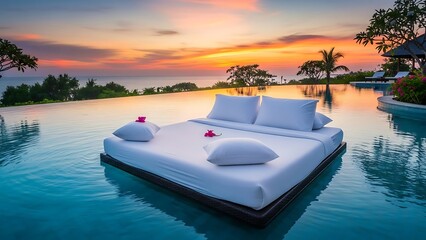 A luxurious floating bed on an infinity pool overlooking the ocean at sunset