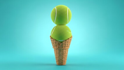 A playful composition of two bright green tennis balls stacked in a waffle ice cream cone