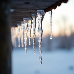 Winter Icicles Hanging from a Snowy Roof at Sunset