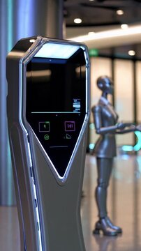 Futuristic payment terminal featuring a sleek design and interactive interface, complemented by a robot cashier assisting customers in a modern retail environment
