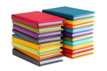 Stack of notebooks books with multi-color spines, neat aligned edges, minimalist stationery styling, and clean paper texture isolated on transparent background.
