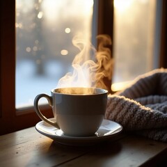 Steaming Hot Coffee Cup by a Window with Winter View