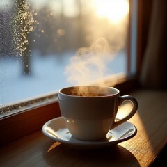 Steaming Hot Coffee Cup by a Window with Winter View