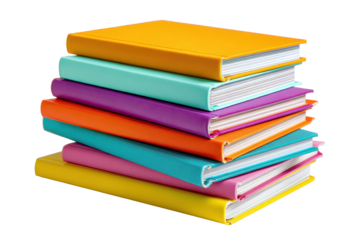 Stack of notebooks books with multi-color spines, neat aligned edges, minimalist stationery styling, and clean paper texture isolated on transparent background.
