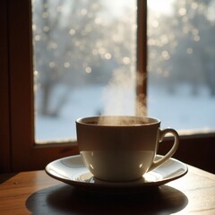 Steaming Hot Coffee Cup by a Window with Winter View