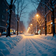 Atmospheric Urban Winter Scene with Snow-Covered Street, Glowing Streetlights, and Parked Cars at Twilight