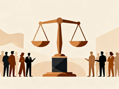 Scales of Justice with People Discussing Law, Equality, and Fair Decisions