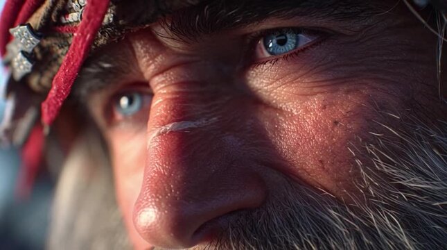 Close-up of Moses&rsquo; face showing wisdom and determination, natural skin texture, soft shadow lighting, realistic portrait