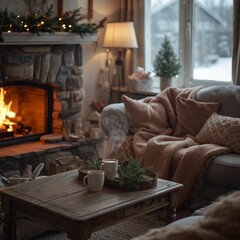 Warm and Cozy Living Room with a Roaring Stone Fireplace